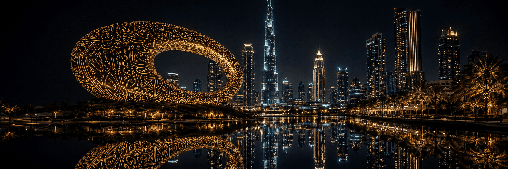 Skyline de Dubái al atardecer con el Museo del Futuro